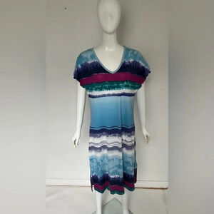 Harmony Short Sleeve Blue Purple Tie Dye Flare Midi Dress Women's Size L NWOT